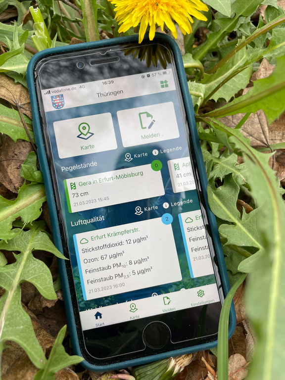 Smartphone mit geöffneter Umwelt-App im Gras.