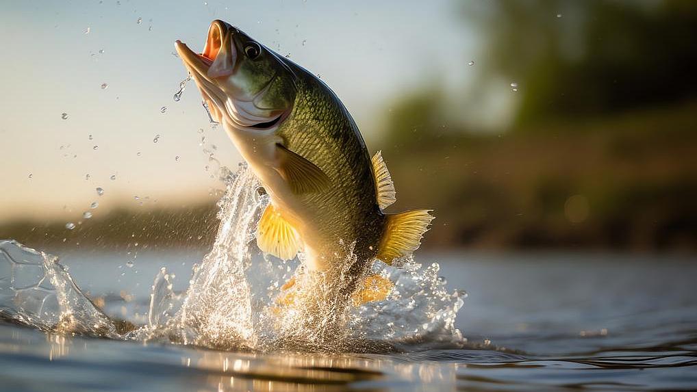 großer Fisch springt aus Wasseroberfläche eines Sees, im Hintergrund grüner Uferbereich