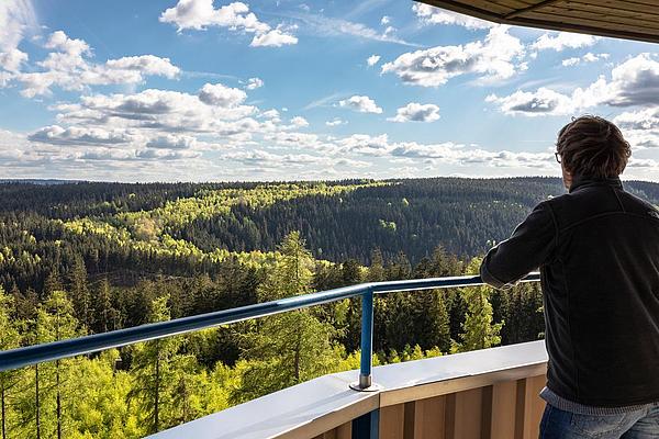 Blick von der Thüringer Warte (© S. Lemnitzer) Blick von der Thüringer Warte, einem Aussichtsturm auf einem Berg im Schiefergebirge. (© S. Lemnitzer)