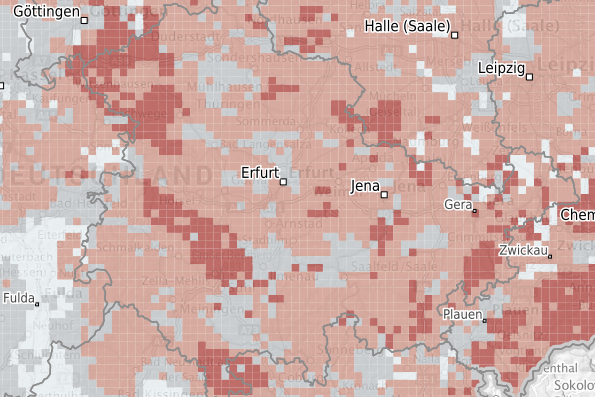 Karte mit Prognosedaten für Thüringen zu Radonvorsorgegebieten (Quelle: Bundesamt für Strahlenschutz)